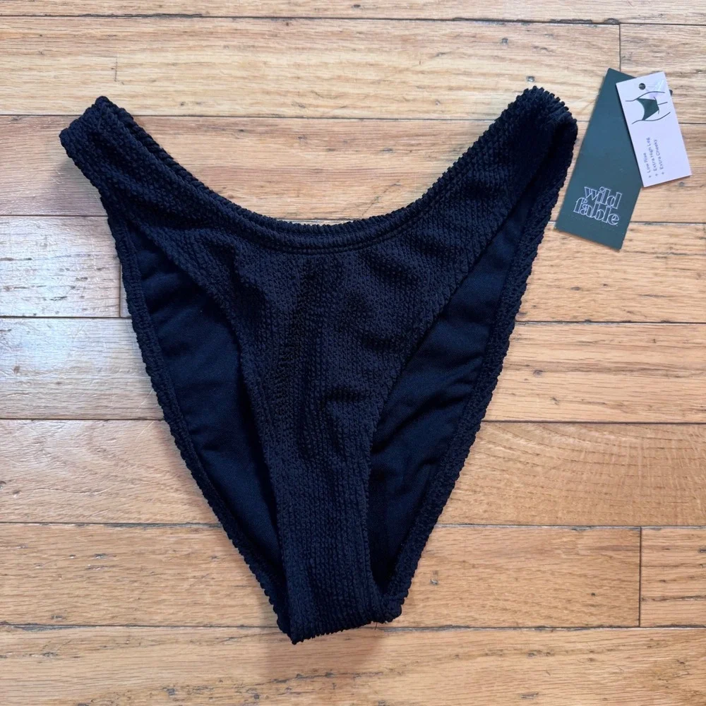 Wild Fable Black Smocked Extra High Leg Cheeky Bikini Bottom XS NWT